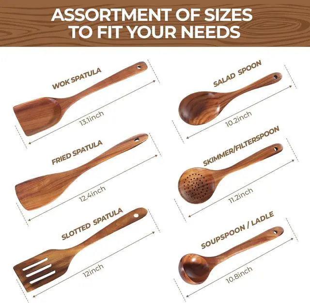 Alt view image 4 of 7 - AIUHI Nonstick Natural Wooden Kitchen Utensils Set, Smooth Finish Teak Wood Spoons for Cooking, Comfortable Grip Spatula for Elaborate Cooking 6Pcs