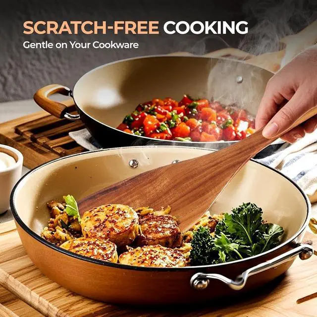 Alt view image 5 of 7 - AIUHI Nonstick Natural Wooden Kitchen Utensils Set, Smooth Finish Teak Wood Spoons for Cooking, Comfortable Grip Spatula for Elaborate Cooking 6Pcs