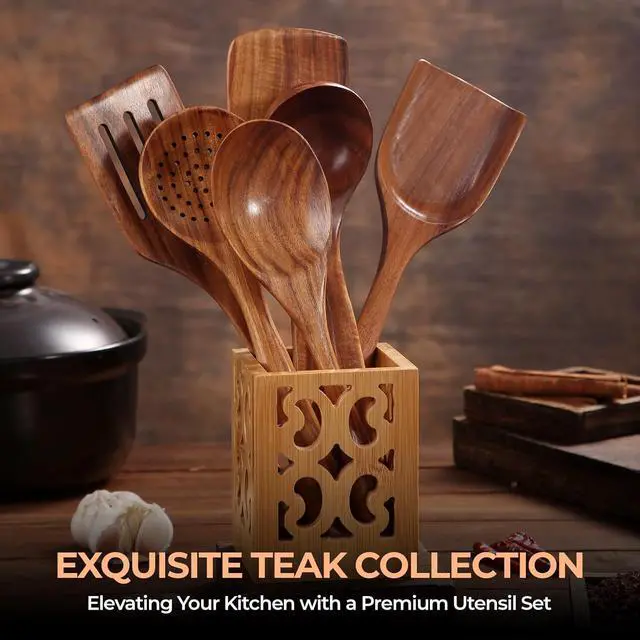 Alt view image 6 of 7 - AIUHI Nonstick Natural Wooden Kitchen Utensils Set, Smooth Finish Teak Wood Spoons for Cooking, Comfortable Grip Spatula for Elaborate Cooking 6Pcs