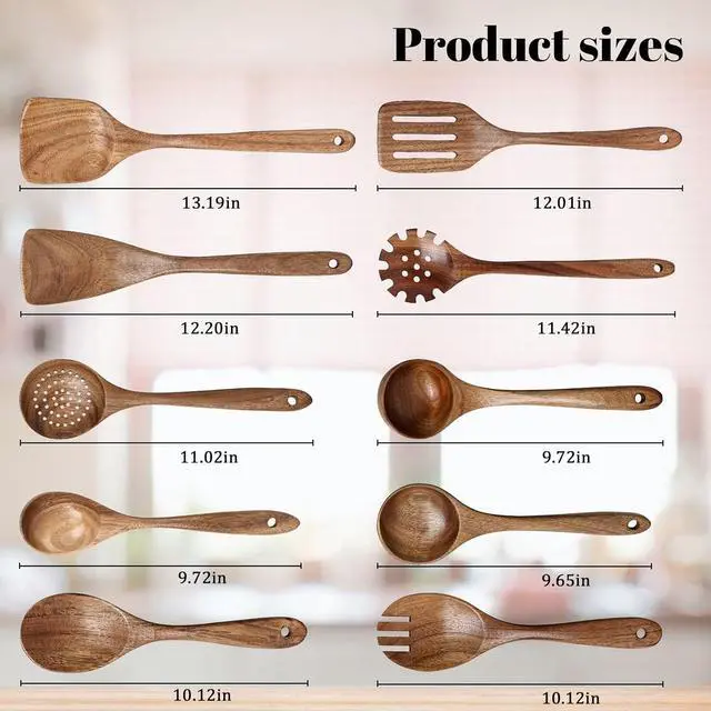 Alt view image 2 of 7 - HAKSEN Wooden Spoons for Cooking, 10PCS Natural Acacia Wood Kitchen Utensils Set, Wooden Utensil Set for Nonstick Cookware, Smooth Finish, Sturdy & Durable