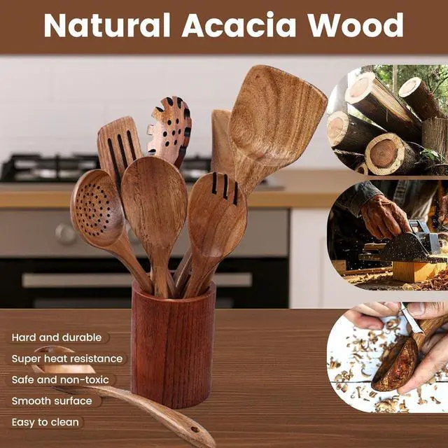 Alt view image 3 of 7 - HAKSEN Wooden Spoons for Cooking, 10PCS Natural Acacia Wood Kitchen Utensils Set, Wooden Utensil Set for Nonstick Cookware, Smooth Finish, Sturdy & Durable