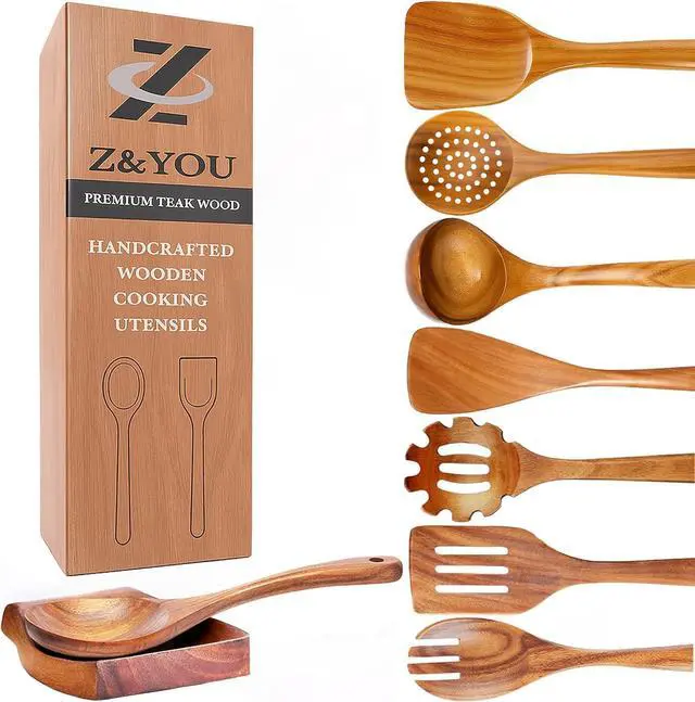 Main image of 9-Piece Teak Wooden Utensil Set  Wooden Spoons for Cooking with Spoon Rest, Wooden Spatula, and Non Toxic Cooking Utensils  Premium Kitchen Utensils Set for Daily Use