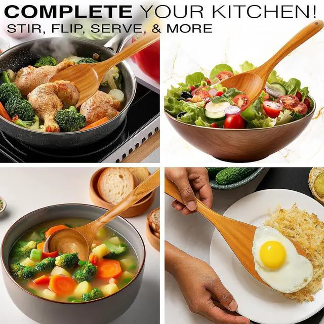 Alt view image 2 of 7 - 9-Piece Teak Wooden Utensil Set  Wooden Spoons for Cooking with Spoon Rest, Wooden Spatula, and Non Toxic Cooking Utensils  Premium Kitchen Utensils Set for Daily Use