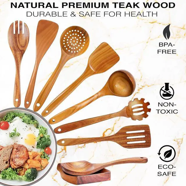 Alt view image 3 of 7 - 9-Piece Teak Wooden Utensil Set  Wooden Spoons for Cooking with Spoon Rest, Wooden Spatula, and Non Toxic Cooking Utensils  Premium Kitchen Utensils Set for Daily Use