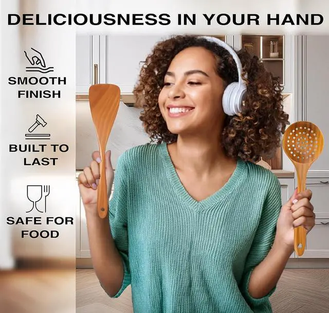 Alt view image 6 of 7 - 9-Piece Teak Wooden Utensil Set  Wooden Spoons for Cooking with Spoon Rest, Wooden Spatula, and Non Toxic Cooking Utensils  Premium Kitchen Utensils Set for Daily Use