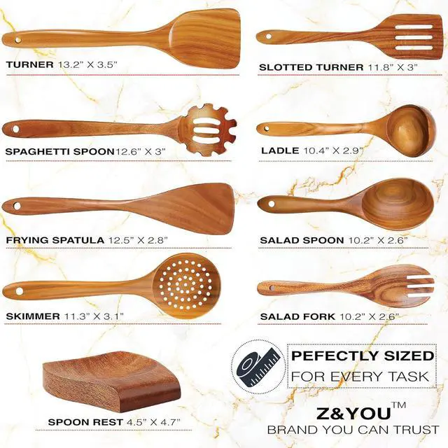 Alt view image 7 of 7 - 9-Piece Teak Wooden Utensil Set  Wooden Spoons for Cooking with Spoon Rest, Wooden Spatula, and Non Toxic Cooking Utensils  Premium Kitchen Utensils Set for Daily Use