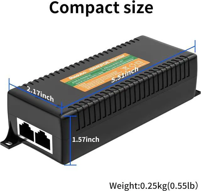 Alt view image 7 of 7 - 2.5Gb PoE Injector Adapter 60W, IEEE 802.3bt/at/af Compliant, Converts Non-PoE to PoE Network, 100/1000/2500Mbps RJ45, Up to 328 ft, Plug & Play (60W)