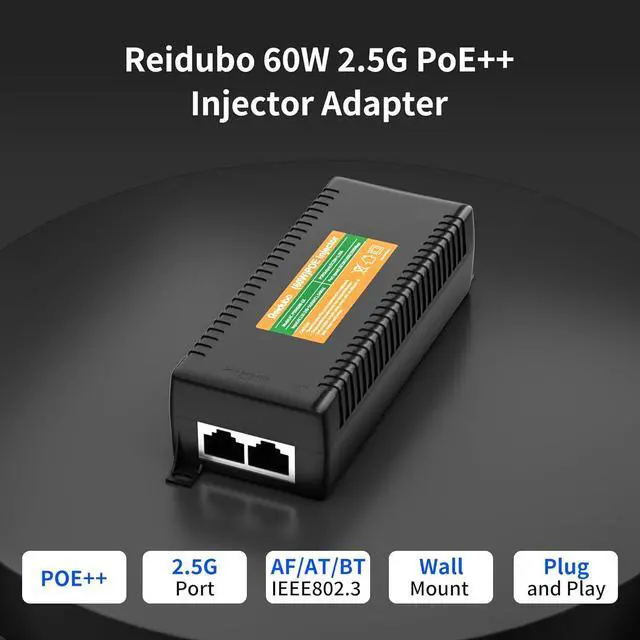 Alt view image 2 of 7 - 2.5Gb PoE Injector Adapter 60W, IEEE 802.3bt/at/af Compliant, Converts Non-PoE to PoE Network, 100/1000/2500Mbps RJ45, Up to 328 ft, Plug & Play (60W)