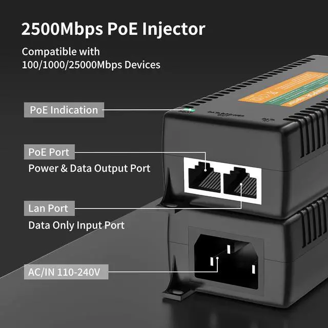 Alt view image 3 of 7 - 2.5Gb PoE Injector Adapter 60W, IEEE 802.3bt/at/af Compliant, Converts Non-PoE to PoE Network, 100/1000/2500Mbps RJ45, Up to 328 ft, Plug & Play (60W)