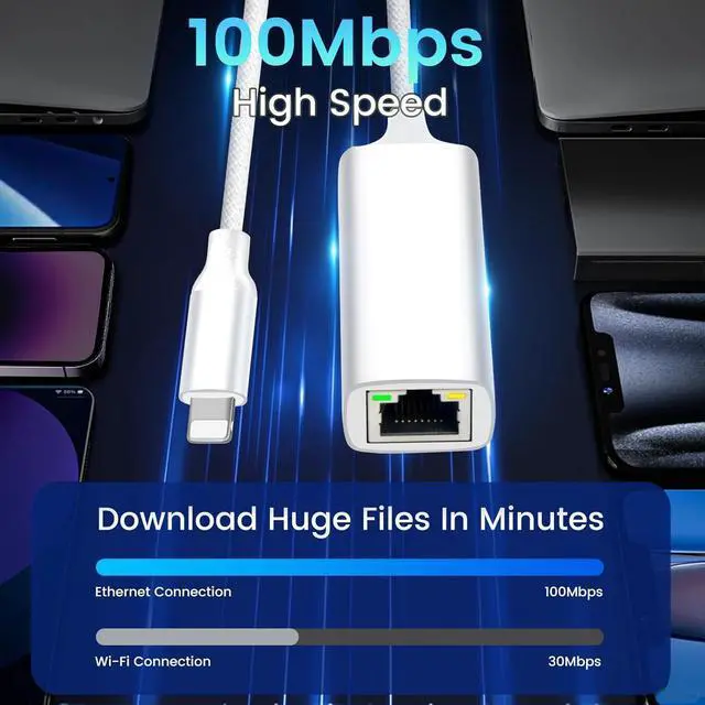 Alt view image 3 of 7 - [MFi Certified] Lightning to Ethernet Adapter, 100Mbps Lightning to RJ45 Ethernet LAN Network Adapter, Compatible for i-Phone 14/13/12/11/i-Pad/i-Pod, Plug and Play (Non-POE)