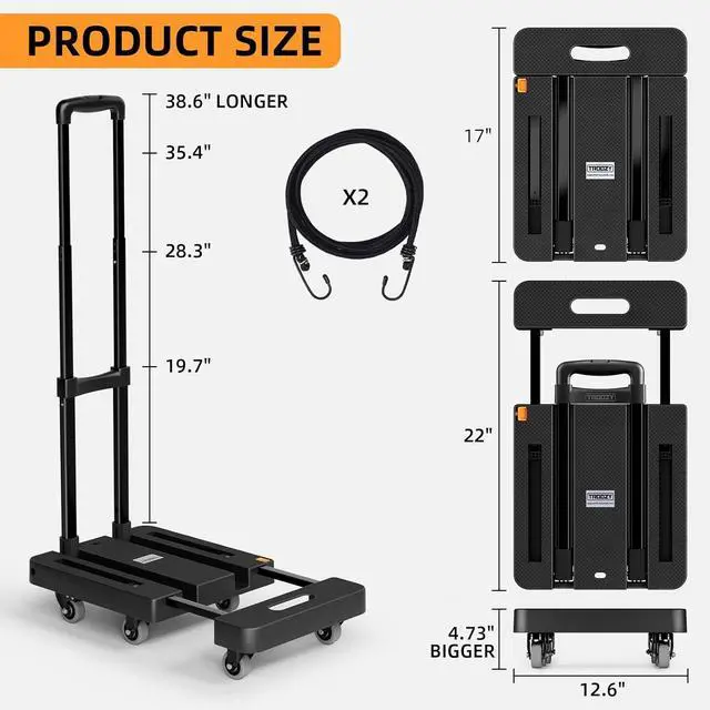 Alt view image 2 of 7 - Folding Hand Truck, 500 LB Heavy Duty Luggage Cart, Utility Dolly Platform Cart with 6 Wheels & 2 Elastic Ropes for Luggage, Travel, Moving, Shopping, Office Use, Black