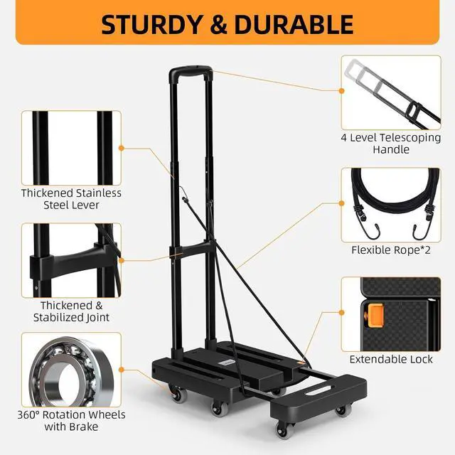 Alt view image 6 of 7 - Folding Hand Truck, 500 LB Heavy Duty Luggage Cart, Utility Dolly Platform Cart with 6 Wheels & 2 Elastic Ropes for Luggage, Travel, Moving, Shopping, Office Use, Black