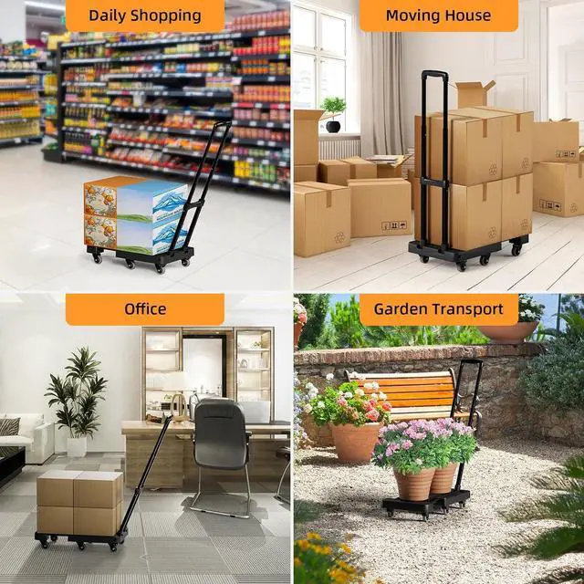 Alt view image 7 of 7 - Folding Hand Truck, 500 LB Heavy Duty Luggage Cart, Utility Dolly Platform Cart with 6 Wheels & 2 Elastic Ropes for Luggage, Travel, Moving, Shopping, Office Use, Black