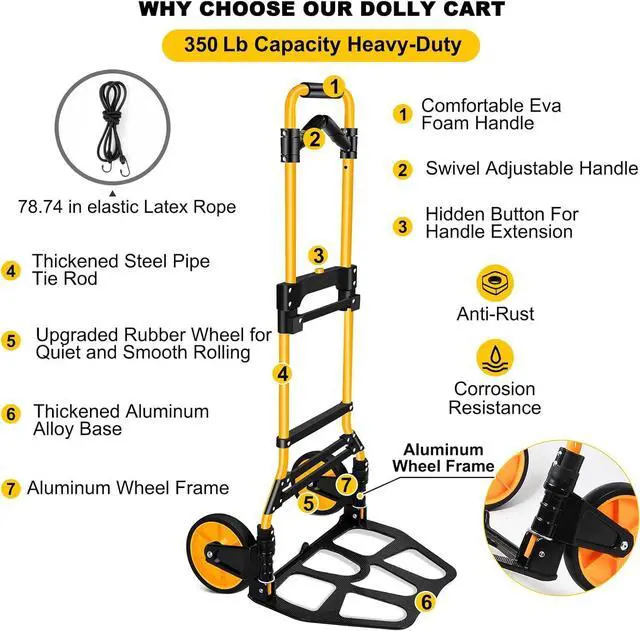 Alt view image 2 of 7 - 350 LB Capacity Upgraded Folding Hand Truck Dolly,Portable Dolly Cart with Telescoping HandleRubber Wheels and Aluminum Wheel Frame for Moving,Shopping,Travel,Office Use.