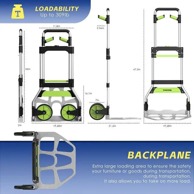 Alt view image 3 of 7 - Leeyoung Folding Hand Truck and Dolly,309 lb Capacity Aluminum Portable Cart with Telescoping Handle and PP+EVA Wheels