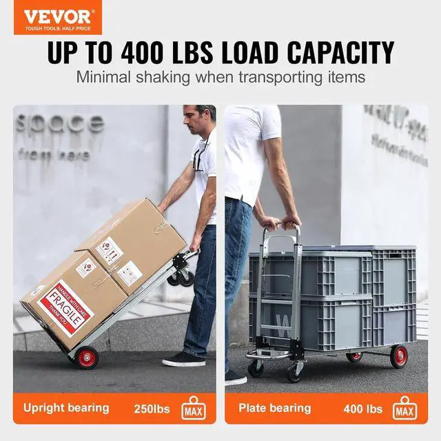 Alt view image 2 of 7 - VEVOR Aluminum Folding Hand Truck, 2 in 1 Design 400 lbs Capacity, Heavy Duty Industrial Collapsible cart, Dolly Cart with Rubber Wheels for Transport and Moving in Warehouse, Supermarket, Garden