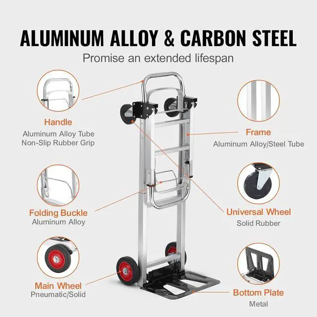 Alt view image 5 of 7 - VEVOR Aluminum Folding Hand Truck, 2 in 1 Design 400 lbs Capacity, Heavy Duty Industrial Collapsible cart, Dolly Cart with Rubber Wheels for Transport and Moving in Warehouse, Supermarket, Garden