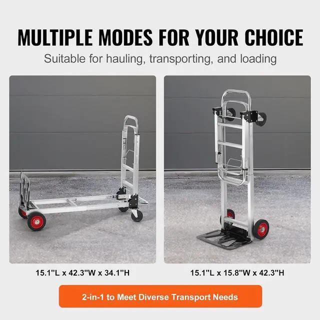 Alt view image 6 of 7 - VEVOR Aluminum Folding Hand Truck, 2 in 1 Design 400 lbs Capacity, Heavy Duty Industrial Collapsible cart, Dolly Cart with Rubber Wheels for Transport and Moving in Warehouse, Supermarket, Garden