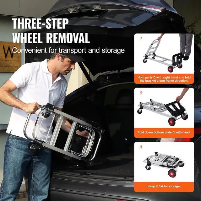 Alt view image 7 of 7 - VEVOR Aluminum Folding Hand Truck, 2 in 1 Design 400 lbs Capacity, Heavy Duty Industrial Collapsible cart, Dolly Cart with Rubber Wheels for Transport and Moving in Warehouse, Supermarket, Garden