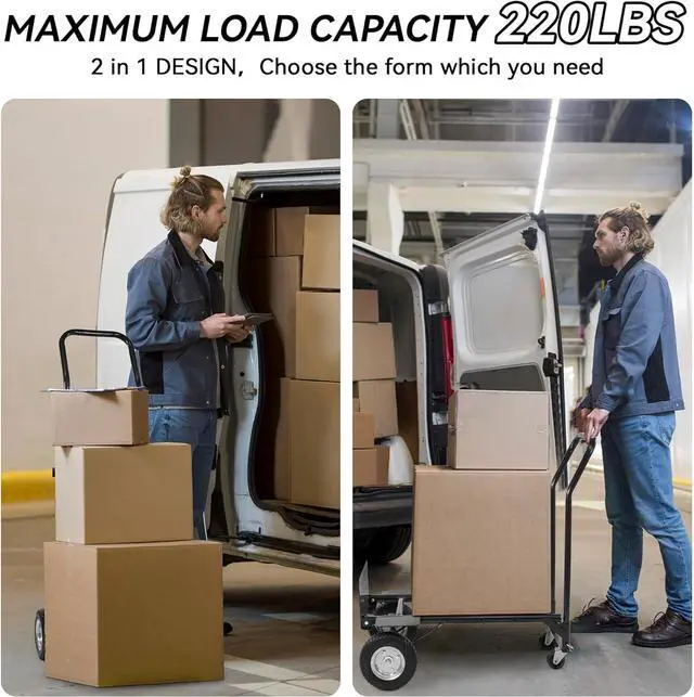 Alt view image 5 of 7 - 2 in 1 Convertible Hand Truck and Cart, Utility Dolly Platform Cart with Telescoping Handle 4 Wheels, 220 LB Heavy Duty Hand Cart for Luggage, Travel, Moving, Shopping, Office Use - Black