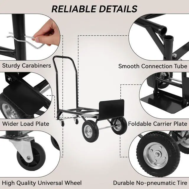 Alt view image 4 of 7 - 2 in 1 Convertible Hand Truck and Cart, Utility Dolly Platform Cart with Telescoping Handle 4 Wheels, 220 LB Heavy Duty Hand Cart for Luggage, Travel, Moving, Shopping, Office Use - Black