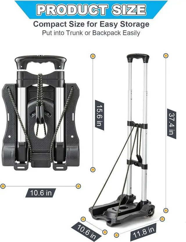 Alt view image 2 of 7 - Small Folding Hand Truck Dolly with 2 Wheels, Lightweight Aluminum Foldable Luggage Cart, Collapsible Cart Portable Dolly for Airport Travel Moving Use