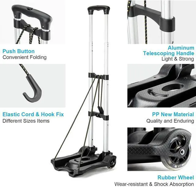 Alt view image 4 of 7 - Small Folding Hand Truck Dolly with 2 Wheels, Lightweight Aluminum Foldable Luggage Cart, Collapsible Cart Portable Dolly for Airport Travel Moving Use
