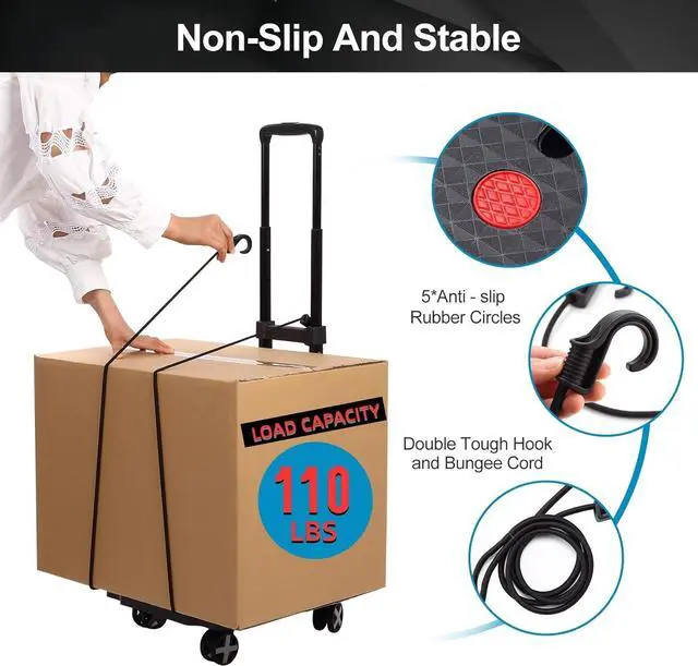 Alt view image 4 of 7 - Folding Hand Truck,Lightweight Hand Truck Dolly Foldable,Luggage cart with 4 Rotate Wheels,Utility Cart with Adjustable Handle,Collapsible Dolly for Moving Travel Office-Black