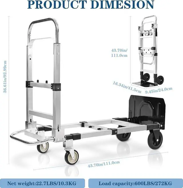 Alt view image 2 of 7 - 600-Pound Heavy-Duty 4-Wheel Folding Hand Truck/Cart with Adjustable Height & Length for Ultimate Versatility
