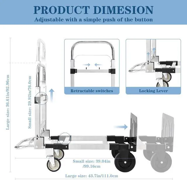 Alt view image 3 of 7 - 600-Pound Heavy-Duty 4-Wheel Folding Hand Truck/Cart with Adjustable Height & Length for Ultimate Versatility