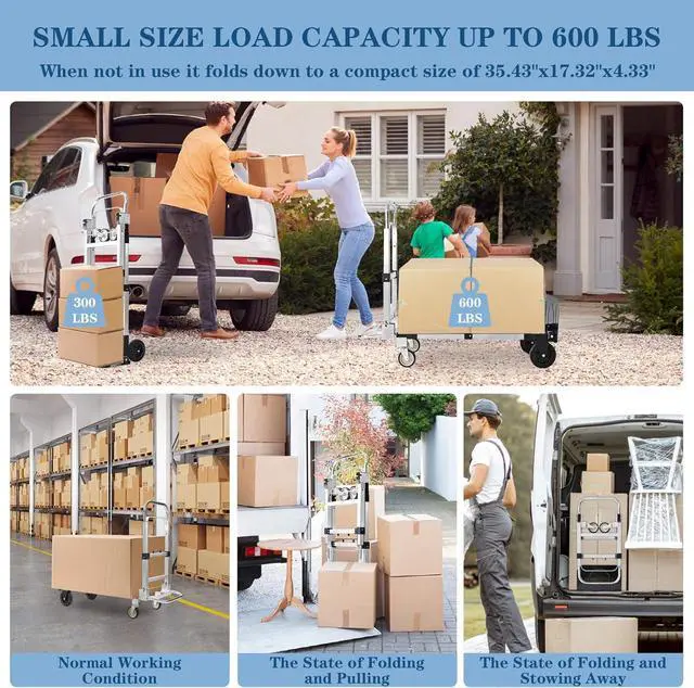 Alt view image 5 of 7 - 600-Pound Heavy-Duty 4-Wheel Folding Hand Truck/Cart with Adjustable Height & Length for Ultimate Versatility