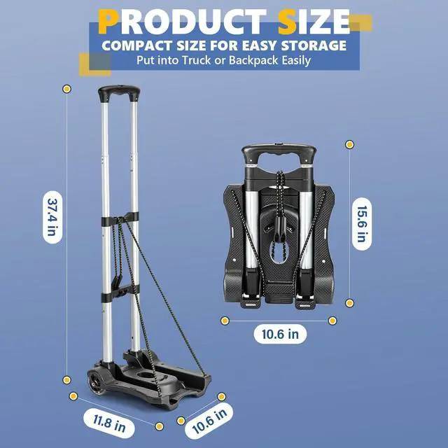 Alt view image 4 of 7 - Small Folding Hand Truck Dolly with 2 Wheels, Foldable Luggage Cart, Lightweight Aluminum Collapsible Trolly Portable Dolly for Moving Airport Travel Use