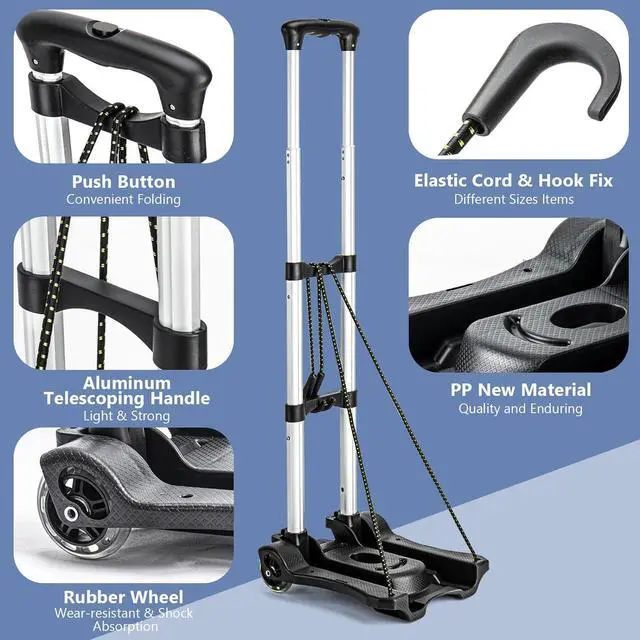 Alt view image 3 of 7 - Small Folding Hand Truck Dolly with 2 Wheels, Foldable Luggage Cart, Lightweight Aluminum Collapsible Trolly Portable Dolly for Moving Airport Travel Use