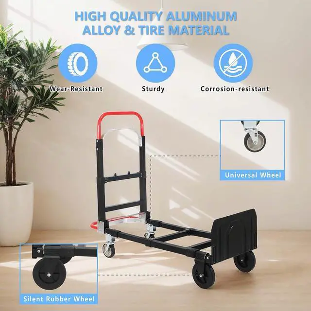 Alt view image 2 of 7 - 3 in 1 Convertible Hand Truck, Folding Hand Dolly Cart with Retractable Handle, 600LBS Heavy Duty Aluminum Hand Truck Dolly for Luggage, Shopping, Home, Office Moving