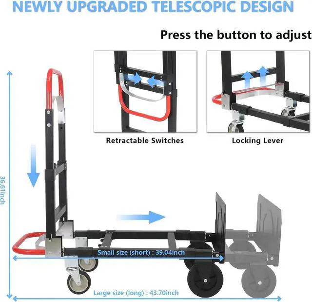 Alt view image 3 of 7 - 3 in 1 Convertible Hand Truck, Folding Hand Dolly Cart with Retractable Handle, 600LBS Heavy Duty Aluminum Hand Truck Dolly for Luggage, Shopping, Home, Office Moving
