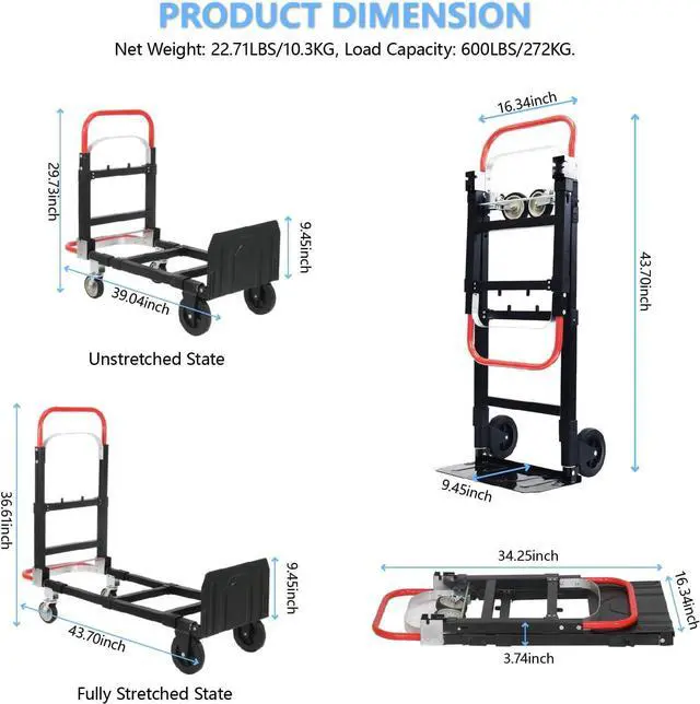 Alt view image 5 of 7 - 3 in 1 Convertible Hand Truck, Folding Hand Dolly Cart with Retractable Handle, 600LBS Heavy Duty Aluminum Hand Truck Dolly for Luggage, Shopping, Home, Office Moving