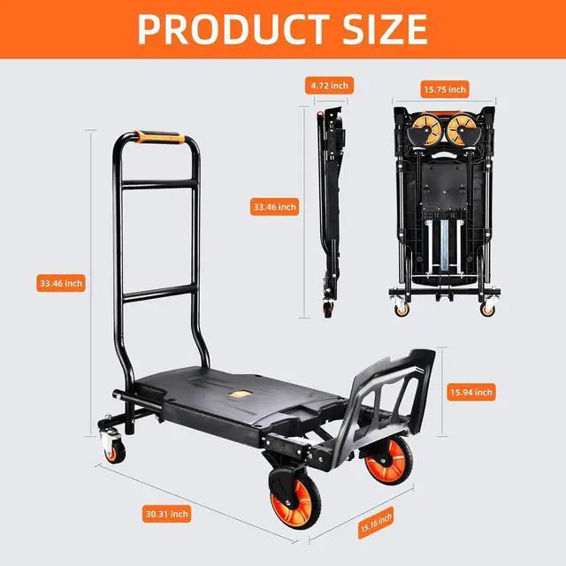 Alt view image 2 of 7 - Folding Hand Truck500lbs Capacity Heavy Duty Carrying Hand CartIronton Steel Hand Truck with 4 Rotate Wheelsfor Luggage, Moving, Shopping, Office,Travel Use(Orange)