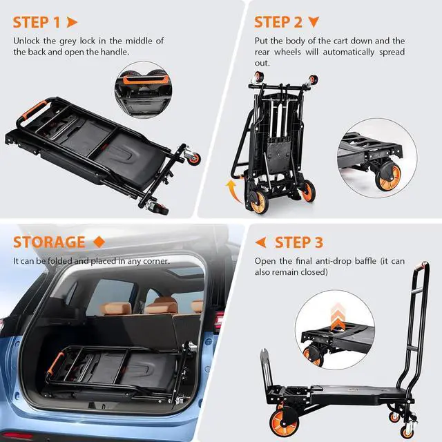 Alt view image 4 of 7 - Folding Hand Truck500lbs Capacity Heavy Duty Carrying Hand CartIronton Steel Hand Truck with 4 Rotate Wheelsfor Luggage, Moving, Shopping, Office,Travel Use(Orange)