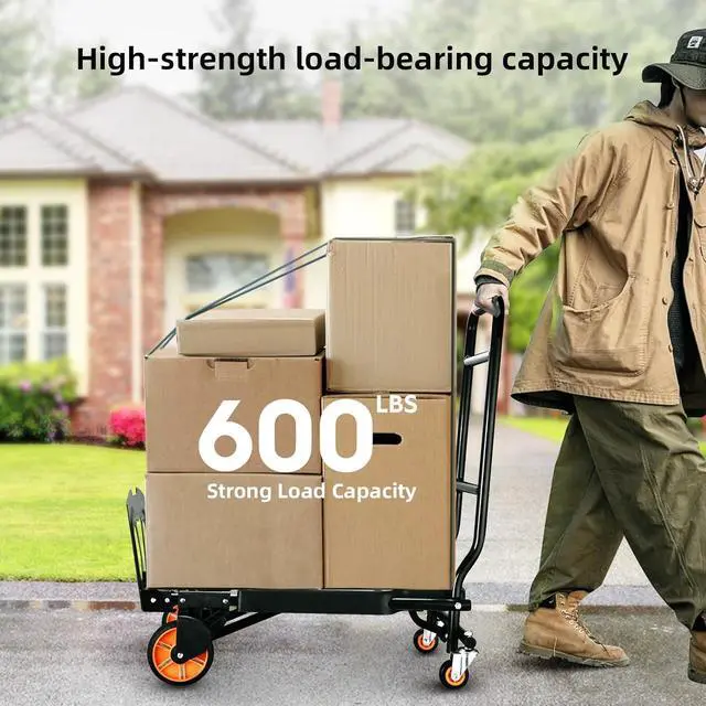 Alt view image 5 of 7 - Folding Hand Truck500lbs Capacity Heavy Duty Carrying Hand CartIronton Steel Hand Truck with 4 Rotate Wheelsfor Luggage, Moving, Shopping, Office,Travel Use(Orange)