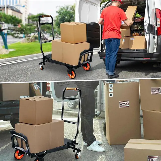 Alt view image 6 of 7 - Folding Hand Truck500lbs Capacity Heavy Duty Carrying Hand CartIronton Steel Hand Truck with 4 Rotate Wheelsfor Luggage, Moving, Shopping, Office,Travel Use(Orange)