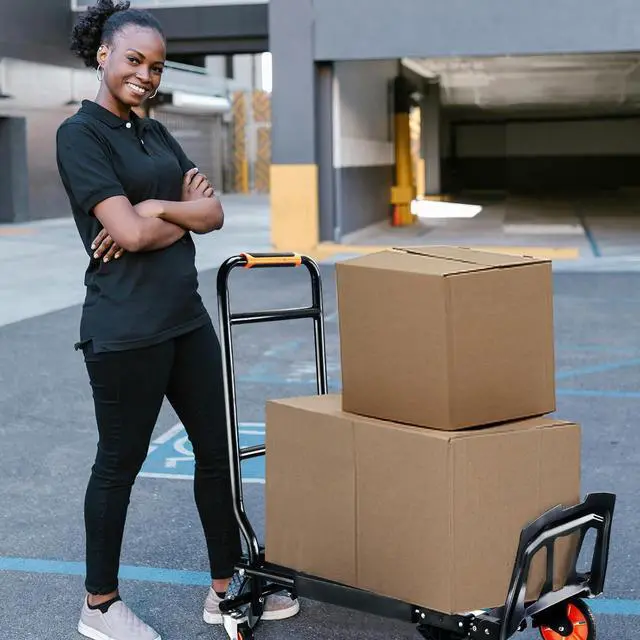 Alt view image 7 of 7 - Folding Hand Truck500lbs Capacity Heavy Duty Carrying Hand CartIronton Steel Hand Truck with 4 Rotate Wheelsfor Luggage, Moving, Shopping, Office,Travel Use(Orange)