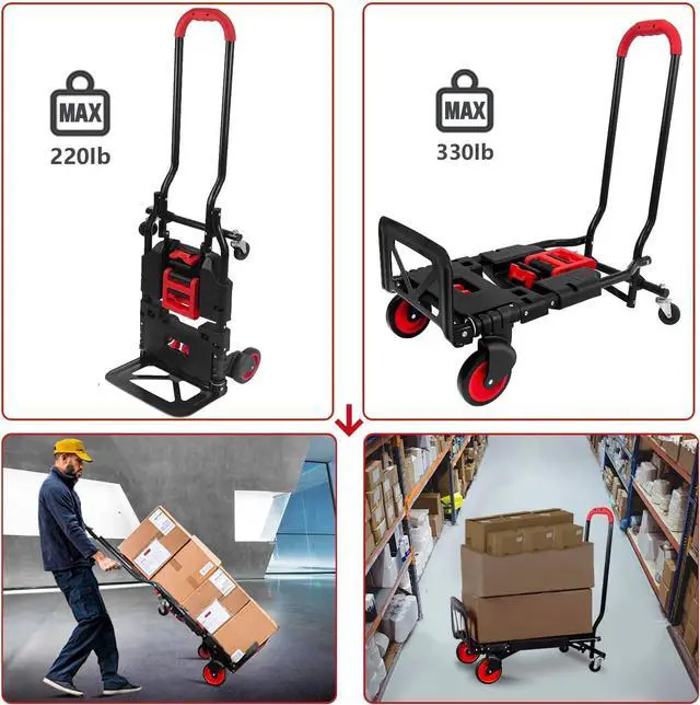 Alt view image 2 of 6 - Folding Hand Truck, Portable Dolly Cart with Rubber Wheels and Retractable Handle, 2 in 1 Design 330lbs Capacity Hand Cart Foldable for Transportation/Luggage/Mobile/Travel/Office Use