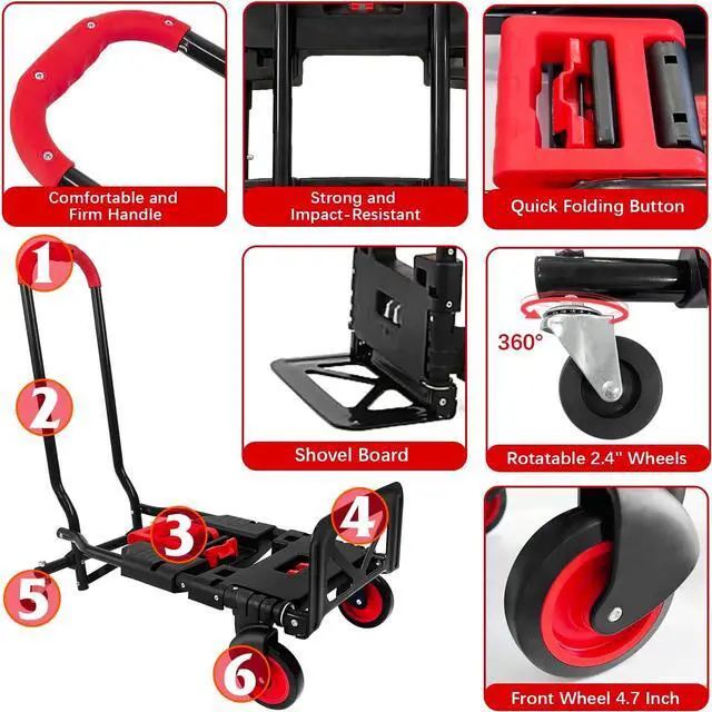 Alt view image 4 of 6 - Folding Hand Truck, Portable Dolly Cart with Rubber Wheels and Retractable Handle, 2 in 1 Design 330lbs Capacity Hand Cart Foldable for Transportation/Luggage/Mobile/Travel/Office Use