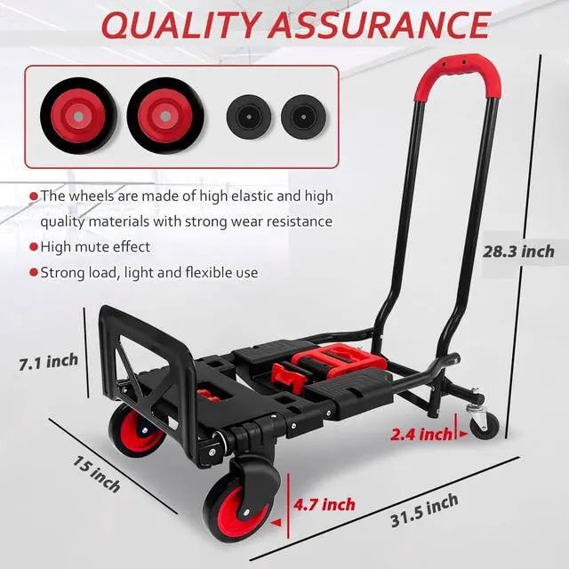 Alt view image 5 of 6 - Folding Hand Truck, Portable Dolly Cart with Rubber Wheels and Retractable Handle, 2 in 1 Design 330lbs Capacity Hand Cart Foldable for Transportation/Luggage/Mobile/Travel/Office Use