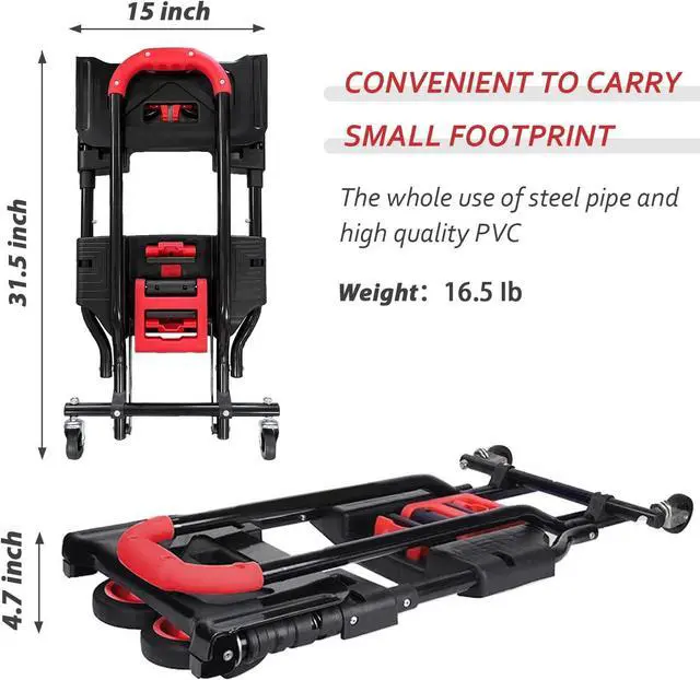 Alt view image 6 of 6 - Folding Hand Truck, Portable Dolly Cart with Rubber Wheels and Retractable Handle, 2 in 1 Design 330lbs Capacity Hand Cart Foldable for Transportation/Luggage/Mobile/Travel/Office Use