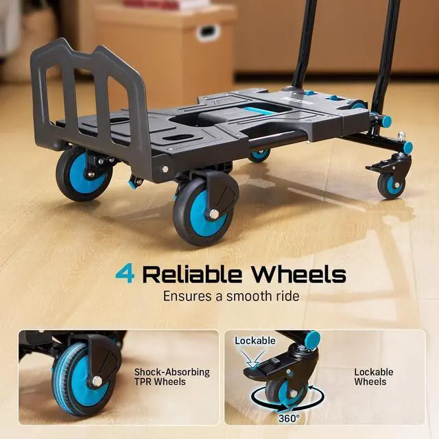 Alt view image 4 of 7 - 2-in-1 Folding Hand Truck Dolly, 330 lbs Max Capacity TPR Wheels Heavy-Duty Cart, 3-Gear Retractable Handle, for Utility Move Shopping Delivery
