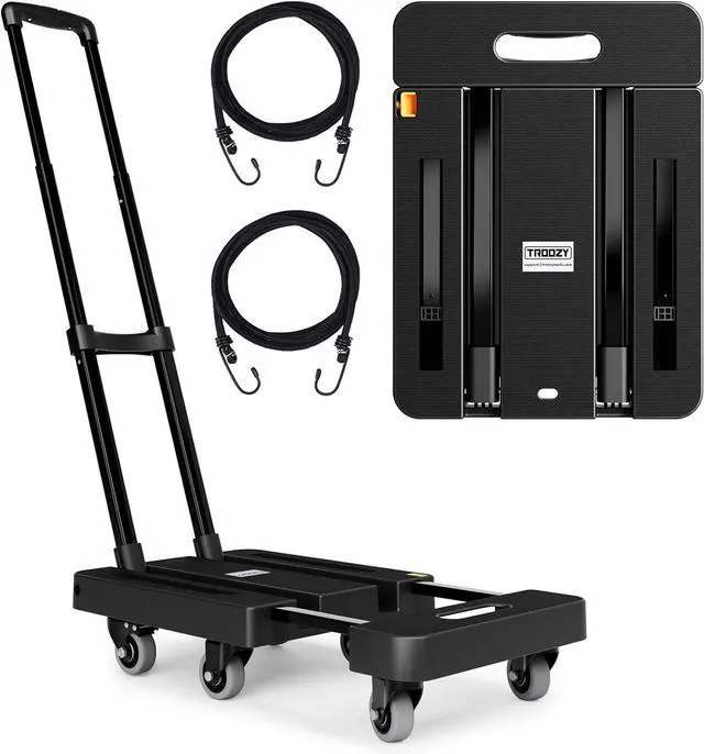 Main image of Folding Hand Trucks, Heavy Duty Dolly Cart with 6 Wheels & 2 Elastic Ropes, Foldable & Ideal for Luggage, Travel, Moving, Shopping, Office Use, Hold Up to 500 LB, Easy to Store, Black