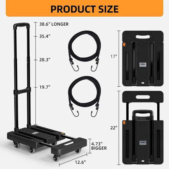 Alt view image 2 of 7 - Folding Hand Trucks, Heavy Duty Dolly Cart with 6 Wheels & 2 Elastic Ropes, Foldable & Ideal for Luggage, Travel, Moving, Shopping, Office Use, Hold Up to 500 LB, Easy to Store, Black