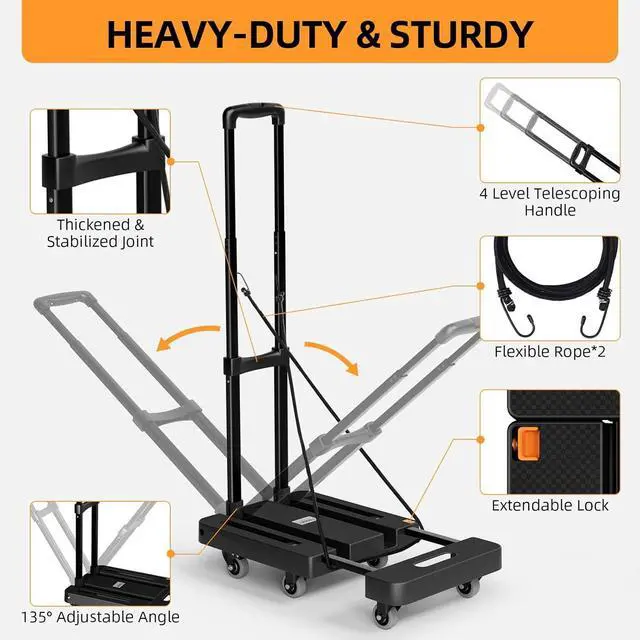 Alt view image 4 of 7 - Folding Hand Trucks, Heavy Duty Dolly Cart with 6 Wheels & 2 Elastic Ropes, Foldable & Ideal for Luggage, Travel, Moving, Shopping, Office Use, Hold Up to 500 LB, Easy to Store, Black
