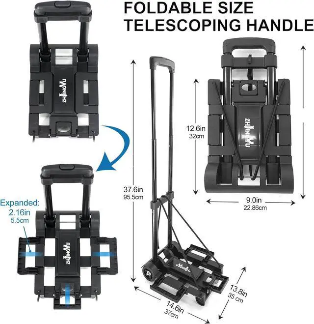 Alt view image 3 of 7 - Folding Hand Truck Trolley Dolly, Folding Cart Small Trolley Dolly with Wheels, Lightweight Utility Dolly Expandable Baseplate Small Backpack Portable Luggage Cart for Airport Travel
